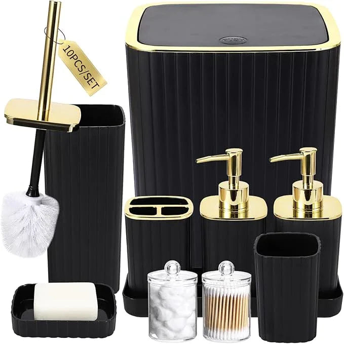 XLHOMO Bathroom Accessories Set - Gorgeous Black Bathroom Set, 10PC Bathroom Accessory Set, Toilet Brush, Trash Can, Qtip Holder Dispenser & Soap Dispenser - ModernBath