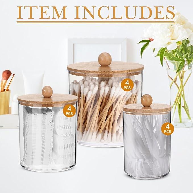 Meanplan 9 Pack Plastic Apothecary Jars with Lids Acrylic Holder Dispenser for Bathroom, 10/22/39 oz Clear Plastic Storage Jars Floss Container for Swab Cotton Ball, 3 Sizes (Wooden Lid) - ModernBath