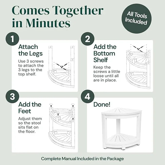 ROHKEX Waterproof Corner Shower Stool - White Waterproof Shower Bench for Shaving Legs & to Sit On - Easily Assembled Corner Bench & Shelf - Restroom Organizer - Restroom Home Decor Gift Idea - ModernBath