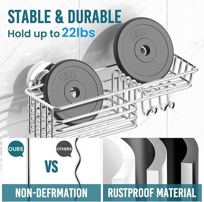 TAILI Shower Caddy Suction Cup 2 Pack with Hooks and Soap Holder, Heavy Duty Shower Organizer for Bathroom, No Drilling Silver bathroom suction shelves - ModernBath