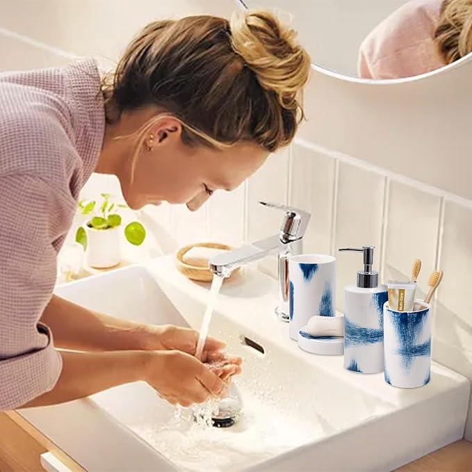 4 Piece Painted Ceramic Bathroom Accessory Set, Includes Soap Dispenser Pump, Toothbrush Holder, Tumbler, Soap Dish Sanitary, Ideas Home Gift for Ware Home Decor Bath(Blue & White) - ModernBath