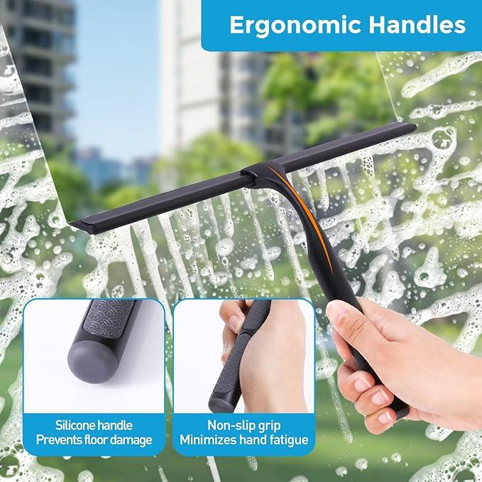 Quntis 10-Inch Matte Black Shower Squeegee for Glass Doors – Stainless Steel with Non-Slip Handle, Replacement Blade & Hook – Ideal for Bathroom, Mirrors, Tiles, and Car Windows - ModernBath