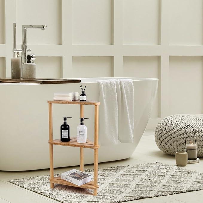 Bamboo Corner Shower Caddy Stand 3-Tier Waterproof,Free Standing Corner Shelf Shower Stool Organizer for Inside Shower,Space-Saving Storage Shelf with Anti-Slip Feet - ModernBath