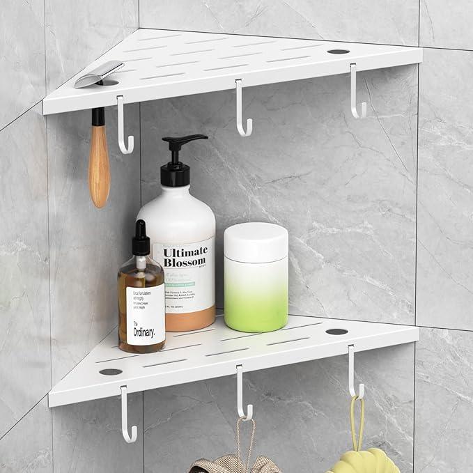 Corner Shower Shelves, 10" White 304 Stainless Steel Recessed Shelf for Bathroom，Grout in Shelf with Hooks for Tiled Wall 2 Pack (White) - ModernBath