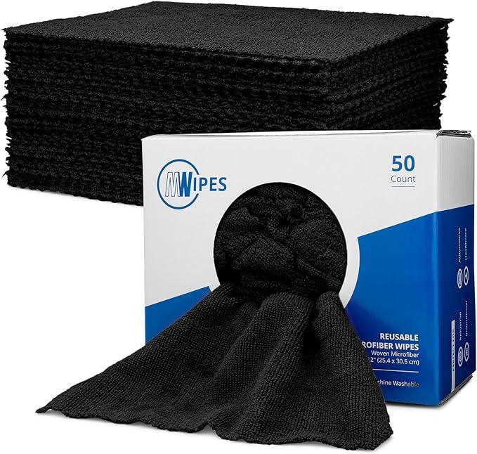 Black Microfiber Shop Towels | MWipes Reusable Shop Rags | 50 Rags in a Box | Super Absorbent, Machine Washable Hundreds of Times | Automotive, Paint, Industrial, Detailing - ModernBath