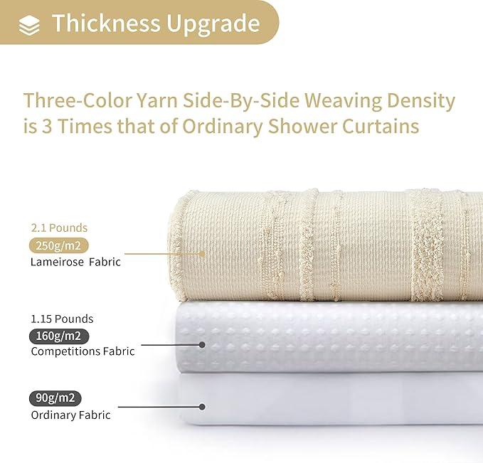 Lameirose Beige Shower Curtain Boho, 72 x 72 Cotton Blend Waffle Weave Stripe Textured Heavy Duty, Fabric Shower Curtain for Bathroom, Hotel, Washable - ModernBath