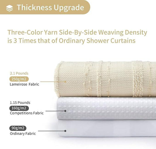 Lameirose Beige Shower Curtain Boho, 72 x 72 Cotton Blend Waffle Weave Stripe Textured Heavy Duty, Fabric Shower Curtain for Bathroom, Hotel, Washable - ModernBath