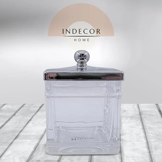 Indecor Home Apothecary Glass Cotton Jar Holder Silver Stainless Steel Lid, Elegant Bathroom Storage Canister for Qtips, Cotton Balls, Floss, Makeup Organizer, Vanity Bathroom Organization - ModernBath