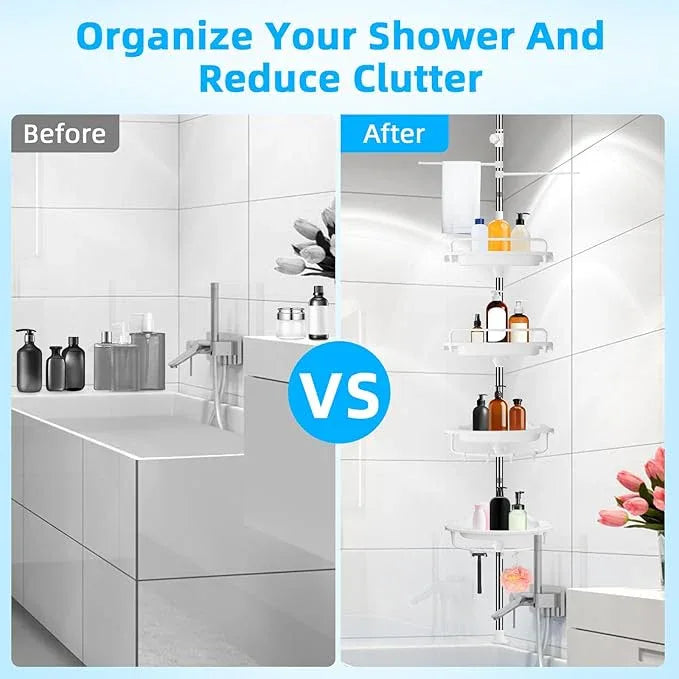 32-122inch Corner Shower Caddy Tension Pole White, Rustproof Drill-Free Shower Shelves for Bathroom Bathtub Washbasin, Adjustable Shower Organizer with 4 Tier Patent Stable Shelves & Towel Bars - ModernBath