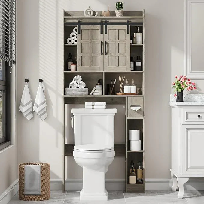 Over The Toilet Storage Cabinet, Farmhouse Storage Cabinet Over Toilet with Sliding Doors，Home Space-Saving Toilet Rack, for Bathroom, Restroom, Laundry.Wash Grey - ModernBath