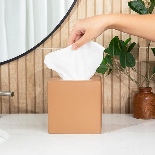 Simple Solid Ceramic Tissue Box Cover – Square Matte Finish Tissue Holder for Bathroom, Vanity, Nightstand, Office – Decorative & Discreet – Fits Standard Tissue Boxes (Clay) - ModernBath