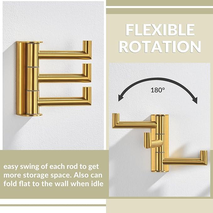 APLusee Brushed Gold Swivel Towel Hook 2 Pack, 304 Stainless Steel Triple Clothes Hook, Wall Mount - ModernBath