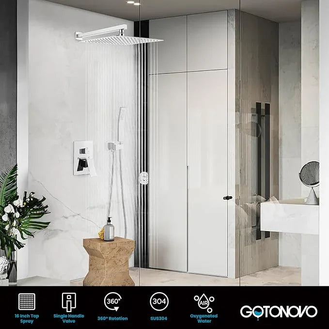 gotonovo Rainfall Bathroom Shower System Rain Shower Head and Handle Set Wall Mounted Shower Complete Combo Solid Brass Pressure Balancing Shower Mixer Valve 16 Inch Polished Chrome - ModernBath
