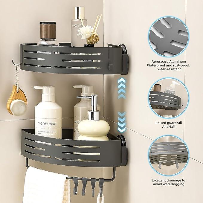 Suction Cup Shower Caddy Corner, Shower Storage Rack With Large Capacity, No Drilling Suction Shelves Space-Saving Shower Organizer with Towel Bar Hooks for Bathroom & Home Decor(2pcs, Gray) - ModernBath