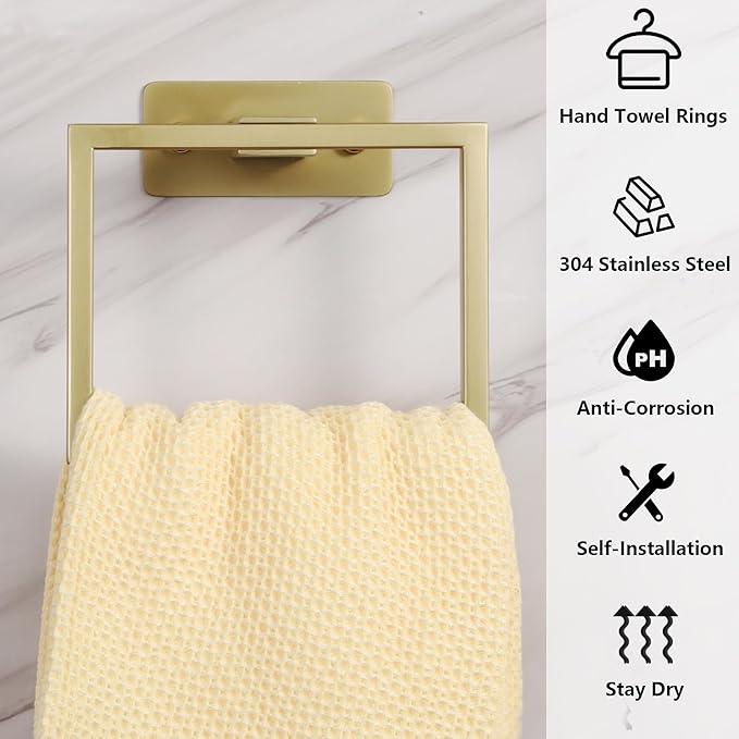 LANC Hand Towel Rings for Bathroom Wall Mount Brushed Gold Square Self Adhesive Hand Towel Holder for Bath Kitchen Lavatory Stainless Steel Contemporary Shower Towel Racks Towel Hanger, A8396BG - ModernBath