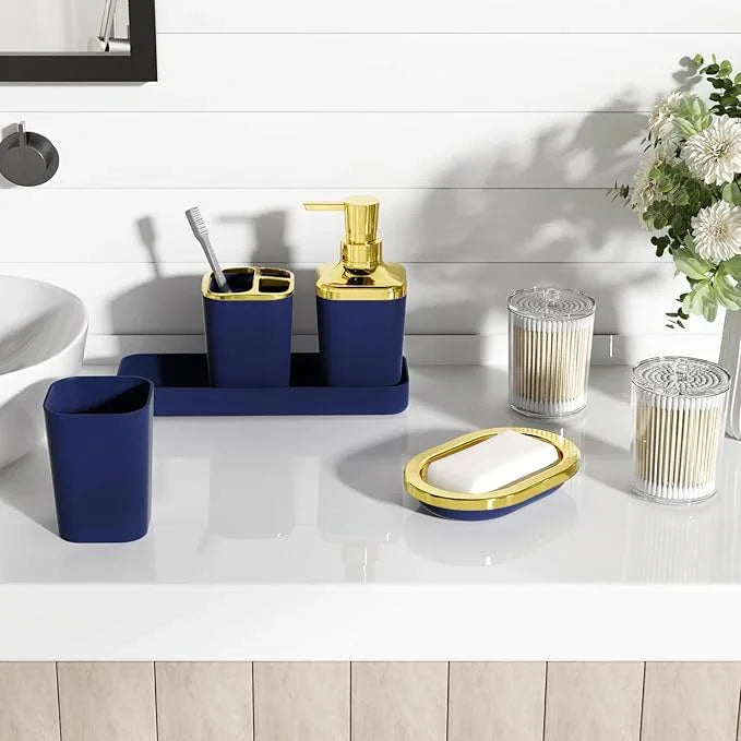 XLHOMO Navy Blue Bathroom Accessories Set, Blue and Gold Bathroom Accessories with Trash Can, Soap Dispenser, Soap Dish, Toothbrush Holder and Q-tip Holders - ModernBath