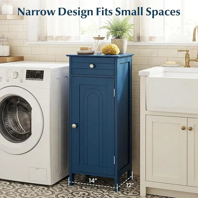 Tangkula Bathroom Floor Cabinet, Wooden Side Storage Organizer Unit, Free-Standing Single Door Floor Storage Cabinet with Large Drawer & 2 Adjustable Shelves for Living Room (Blue) - ModernBath