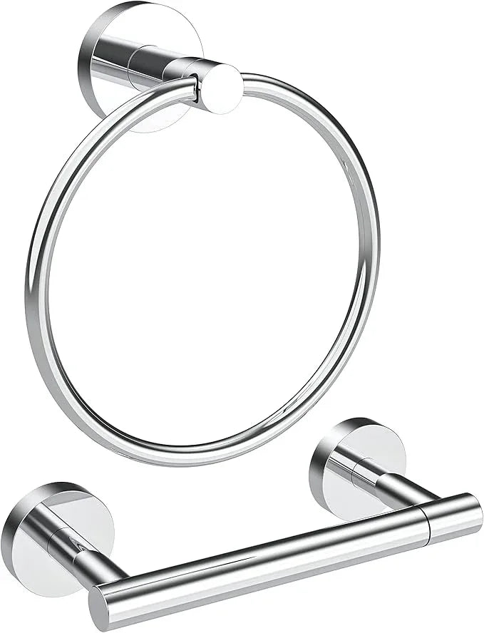 Polished Finish Toilet Paper Holder & Towel Ring SUS304 Stainless Steel 2pc Bathroom Hardware Set with Double Post Pivoting Toilet Paper Roll Holder Wall Mount & Bathroom Towel Holder Set - ModernBath