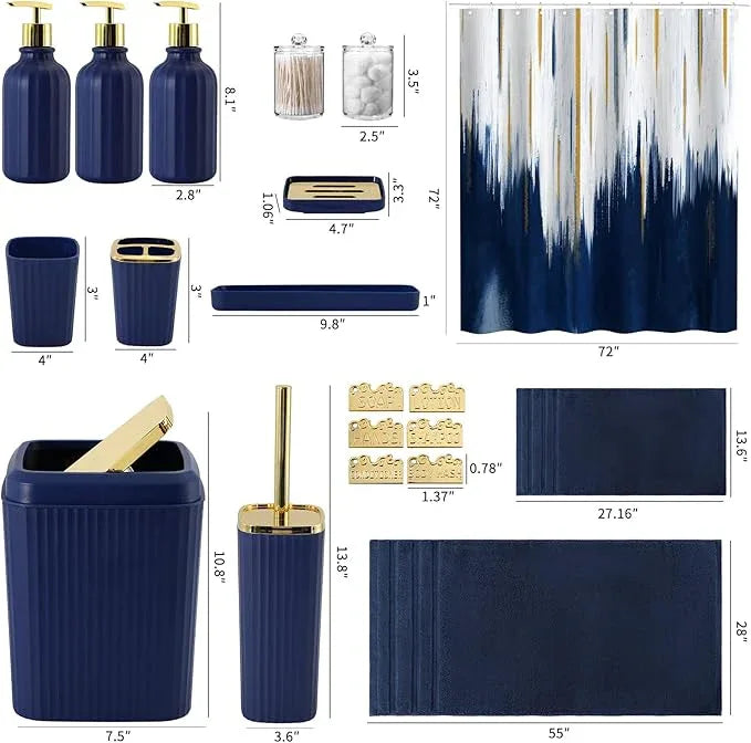 WSBArt 32PCS Bathroom Accessory Set Bathroom Accessories Set Navy Blue Bathroom Set, Shower Curtain Set, 2 Piece Bath Towel Set, 3PC Soap Dispenser, Toilet Brush & Trash Can - ModernBath