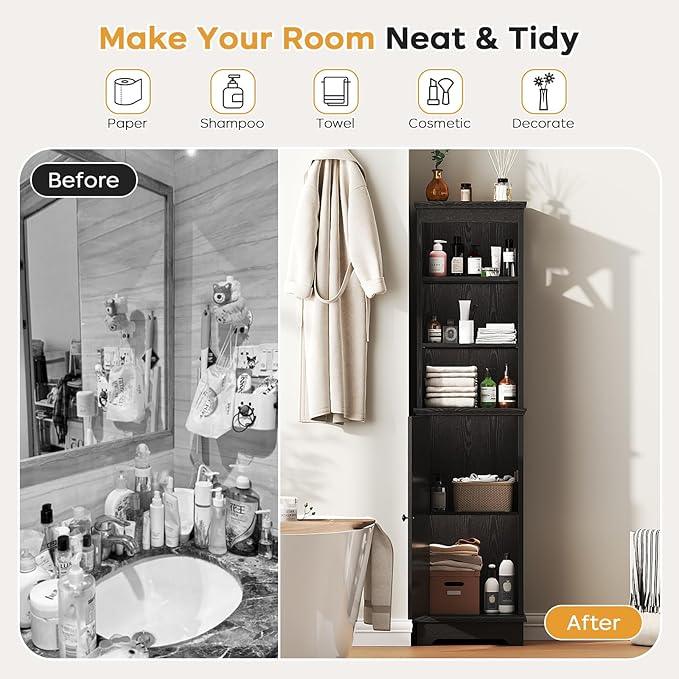 Narrow Bathroom Storage Cabinet with Door and Open Adjustable Shelves, 60.9" H Wooden Tall Tower Corner Farmhouse Cabinet, Freestanding Organizer for Kitchen, Entryway Black - ModernBath