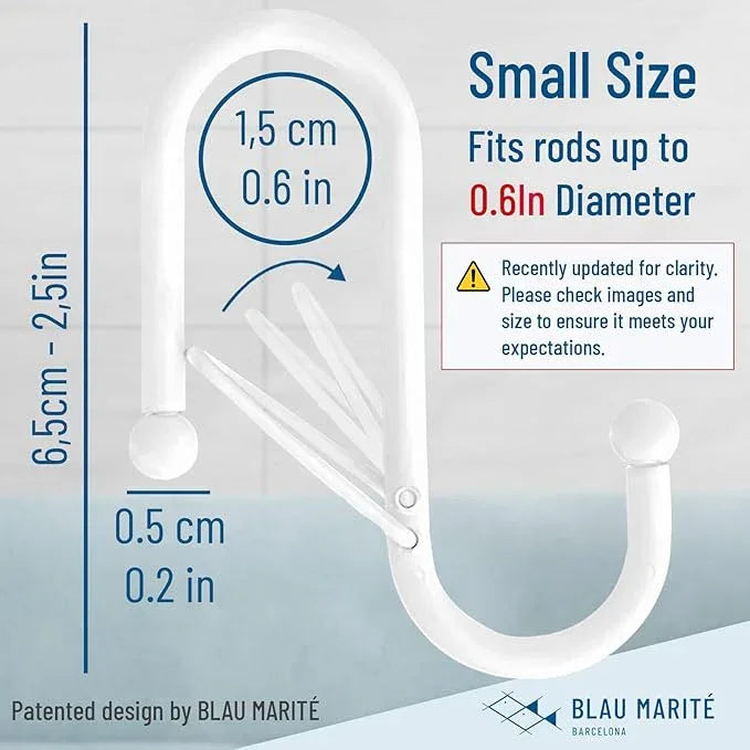 Blau Marité 10-Pack Metal S Hooks for Hanging – Heavy-Duty S-Shaped Hooks with Safety Buckle – Fits Bars up to 0.6 in – Anti-Drop Hooks for Kitchen, Pot Racks & Towel Bars – White (Small) - ModernBath