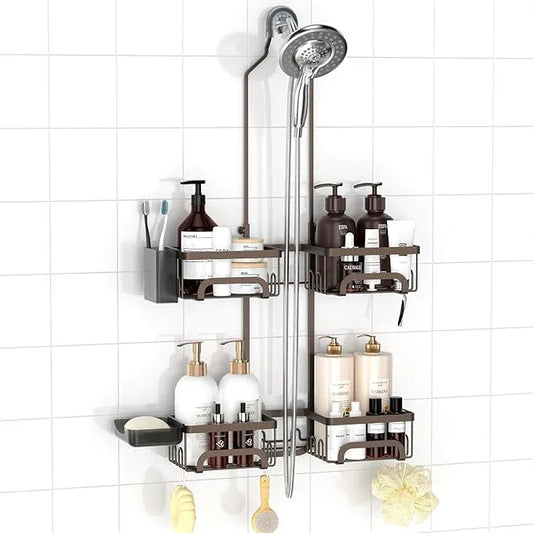 REINHARDT Shower Caddy Hanging for Handheld Showerheads Adjustable Split Shower Caddy, Rustproof Shower Organizer with Hooks for Razor Over the Head Caddy with Soap Holder Bathroom Accessories, Bronze - ModernBath