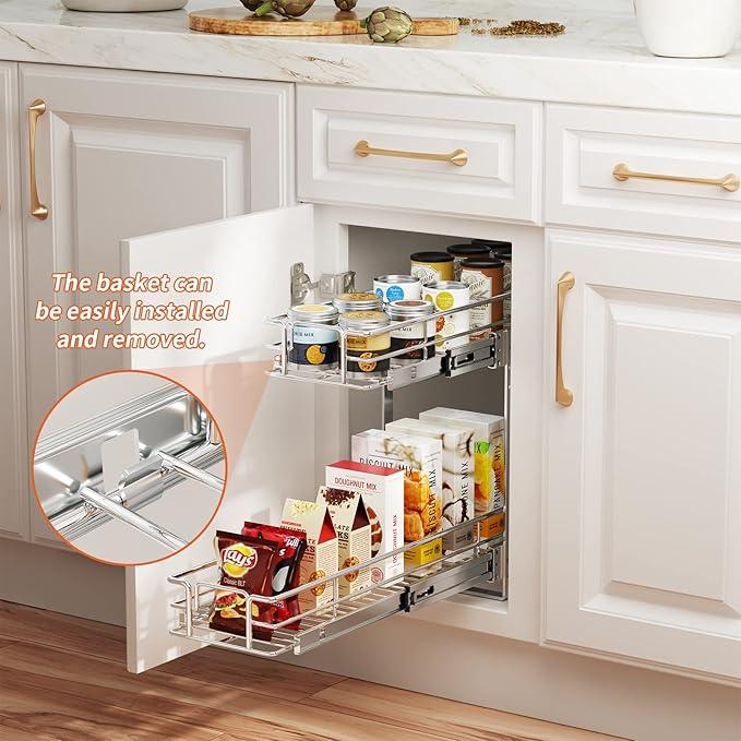 ROOMTEC Individual Pull Out Cabinet Organizer (7½"W x 21½"D), 2 Tier Spice Rack Organizer for Cabinet, Slide Out Drawer Pantry Shelf Organization and Storage for Kitchen Bathroom - ModernBath