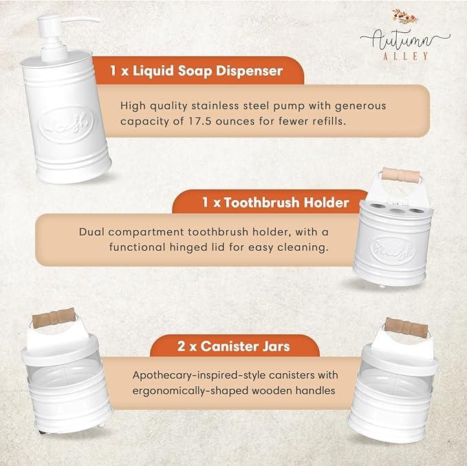 Autumn Alley White Bathroom Accessories Set 4 - Farmhouse Soap Dispenser, Toothbrush Holder, 2 Apothecary Jars Qtip Holder - White Bathroom Decor – Rustic Farmhouse Bathroom Accessories - ModernBath