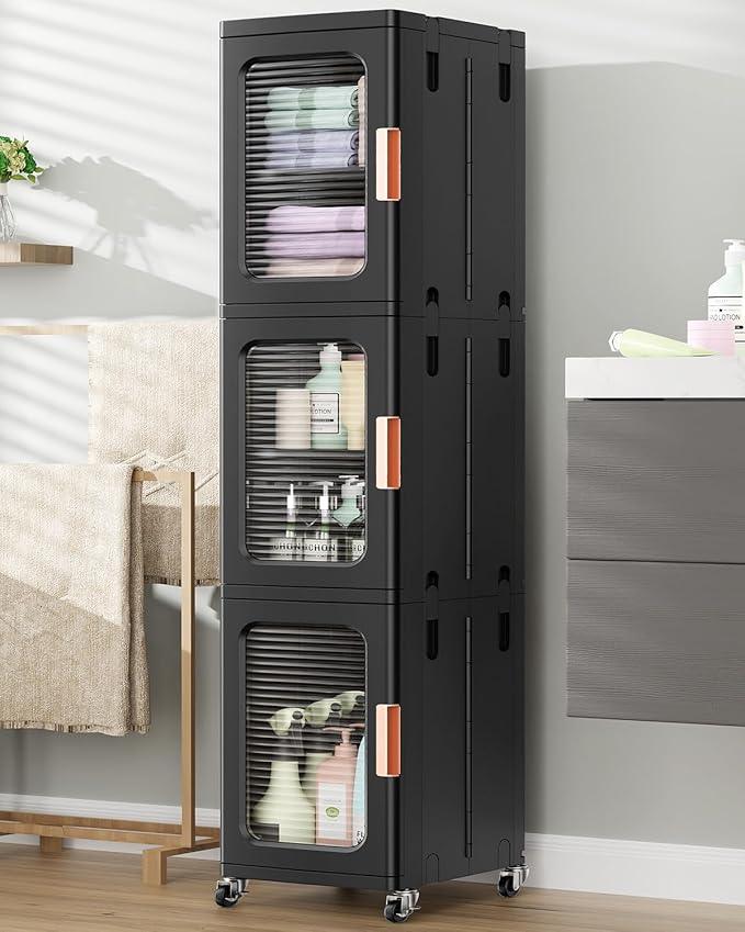 BROVIEW 3-Tier Tall Narrow Storage Cabinet Organizer, Slim Bathroom Cabinets with Adjustable Shelves and Doors, Plastic Kitchen Pantry Organizers and Storages for Small Space, Laundry, Black - ModernBath