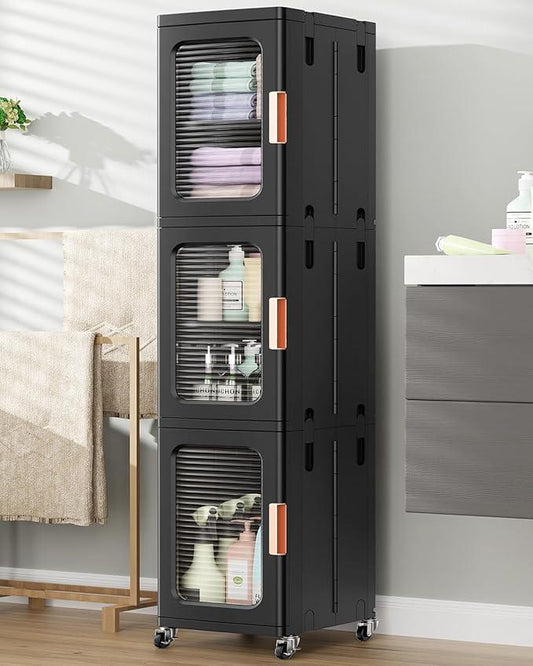 BROVIEW 3-Tier Tall Narrow Storage Cabinet Organizer, Slim Bathroom Cabinets with Adjustable Shelves and Doors, Plastic Kitchen Pantry Organizers and Storages for Small Space, Laundry, Black - ModernBath