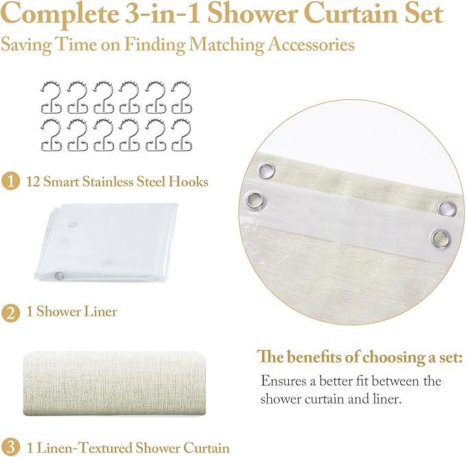 FY&XZH 3-in-1 Fabric Shower Curtain Set,Double Waterproof Linen-Texture Shower Curtain with PEVA Liner That Fully Prevents Splashes,Soft Shower Curtains with 12 Anti-Fall Hooks,72"x72"(Beige) - ModernBath