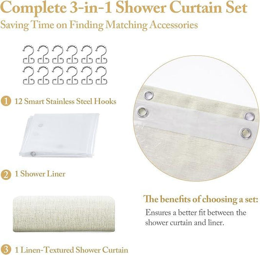 FY&XZH 3-in-1 Fabric Shower Curtain Set,Double Waterproof Linen-Texture Shower Curtain with PEVA Liner That Fully Prevents Splashes,Soft Shower Curtains with 12 Anti-Fall Hooks,72"x72"(Beige) - ModernBath