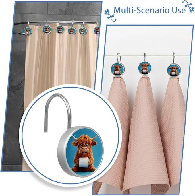 Funny Highland Calf Shower Curtain Hooks Rings, Stainless Steel Rust Proof Shower Curtain Hooks, Decorative Shower Hooks for Bathroom Shower Rods Curtains, Set of 12 - ModernBath