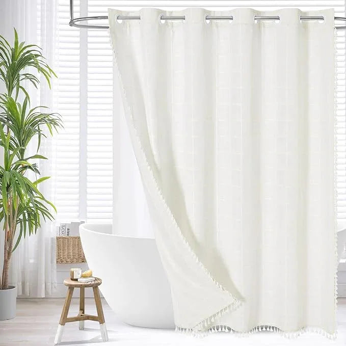 MitoVilla No Hooks Needed Boho Farmhouse Shower Curtain with Snap-in Liner, Cotton Linen Fabric Shower Curtains with Tassels for Rustic Neutral Bathroom Decor, Ivory, 72 x 74 - ModernBath