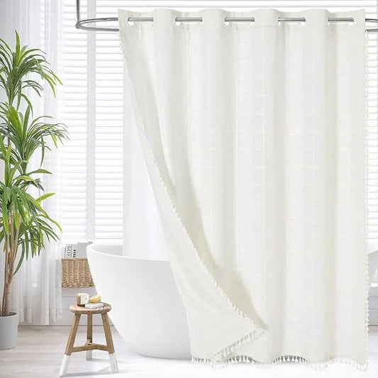 MitoVilla No Hooks Needed Boho Farmhouse Shower Curtain with Snap-in Liner, Cotton Linen Fabric Shower Curtains with Tassels for Rustic Neutral Bathroom Decor, Ivory, 72 x 74 - ModernBath