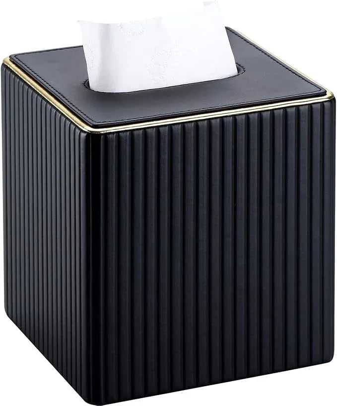 KINGFOM Tissue Box Cover, PU Leather Square Tissue Box Holder for Kleenexs with Magnetic Bottom Cover for Facial Tissues/Napkins, Office & Living Room Decor Box Black - ModernBath