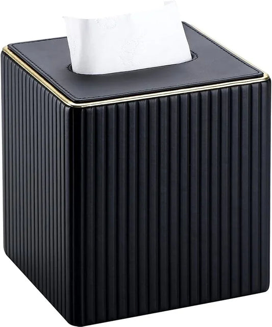 KINGFOM Tissue Box Cover, PU Leather Square Tissue Box Holder for Kleenexs with Magnetic Bottom Cover for Facial Tissues/Napkins, Office & Living Room Decor Box Black - ModernBath