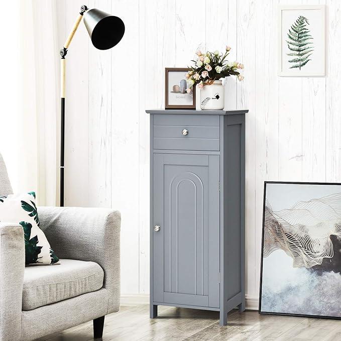 Tangkula Bathroom Floor Cabinet, Wooden Side Storage Cabinet, Freestanding Single Door Bathroom Cabinet with Large Drawer & 2 Adjustable Shelves for Living Room Kitchen (Grey) - ModernBath