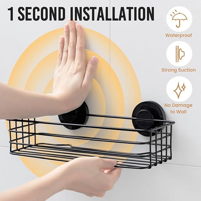 LEVERLOC Shower Caddy Suction Cup, 3 Pack Heavy Duty Bathroom Organizer for Inside Shower with Hooks & Soap Holder, Removable Bathroom Organizer, Rustproof Black Holder Storage - ModernBath