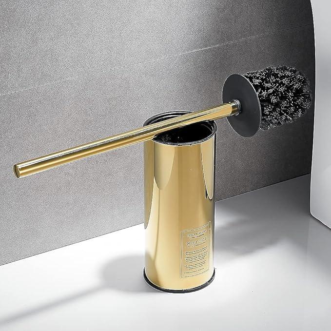 LANGPAI Freestanding Toilet Brush Holder for bathrooms 304 Stainless Steel Toilet Brush Stand Round Storage and Organization Rust Resistant 18-inch high Polished Gold Finished - ModernBath