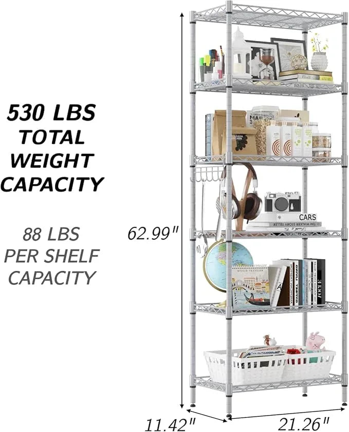 Homdox 6-Tier Storage Shelf Wire Shelving Unit Free Standing Rack Organization with Adjustable Leveling Feet, Stainless Side Hooks, Silver - ModernBath