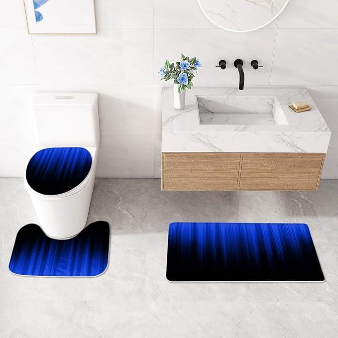 Litabel 4 Pcs Royal Blue and Black Gradient Shower Curtain Set with Rugs and Toilet Lid Cover, Modern Simple Waterproof Fabric Bathroom Set, Ombre Stripe Gothic Abstract Bathroom Decor Set Accessories - ModernBath