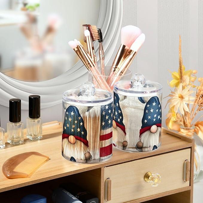 Tatenale Qtip Holder Bathroom Set Q tip Cotton Ball Swab Pad Dispenser Container Organizer Plastic Jars with Lids Storage 2Pack 4th Of July Patriotic Gnomes White - ModernBath