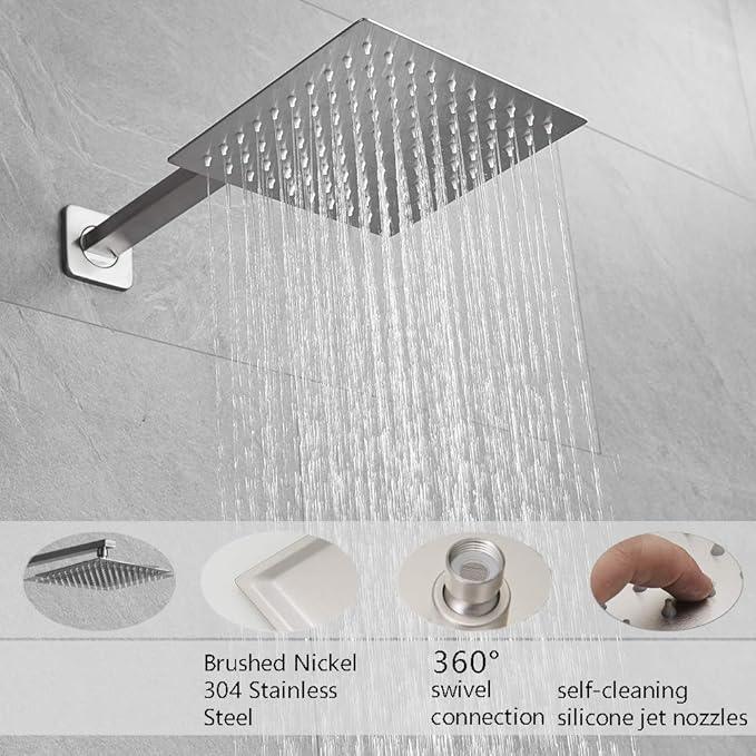 Heable Shower Faucet Set Brushed Nickel, Single Function Shower Trim Kit with Rough-in Valve, Square Rain Shower Head System Included Extra Long Shower Arm for Bathroom - ModernBath