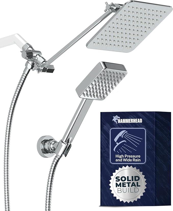HammerHead® Solid Metal Dual Shower Head Combo — 8" Square Rain Shower Head with Handheld, 12" Adjustable Arm & Wall-Mount Holder for Flexible Installation — Chrome - ModernBath