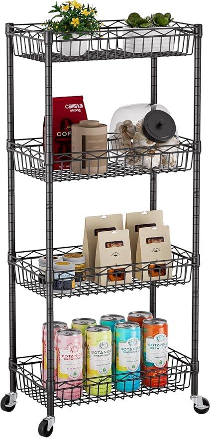 4 Tier Shelf Wire Shelving Unit Adjustable Storage Shelves Big Basket Rack Standing Units for Kitchen Closet Laundry Bathroom Organizers Metal Pantry Mesh 10" D x 16" W x 55" H Black - ModernBath