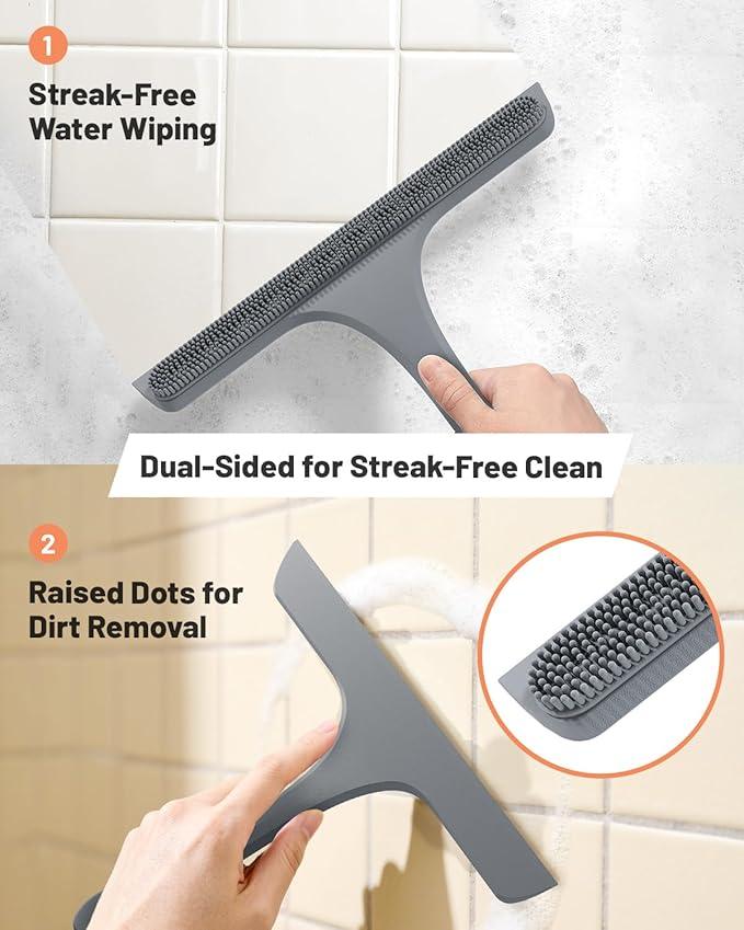 2-in-1 Silicone Shower Squeegee with Hook,Dual-Sided Design with Scraper & Scrub Surface,Rust-Proof Stainless Core,Streak-Free Bathroom Squeegee for Glass Doors,Mirrors,Windows,Car Windshields (Gray) - ModernBath