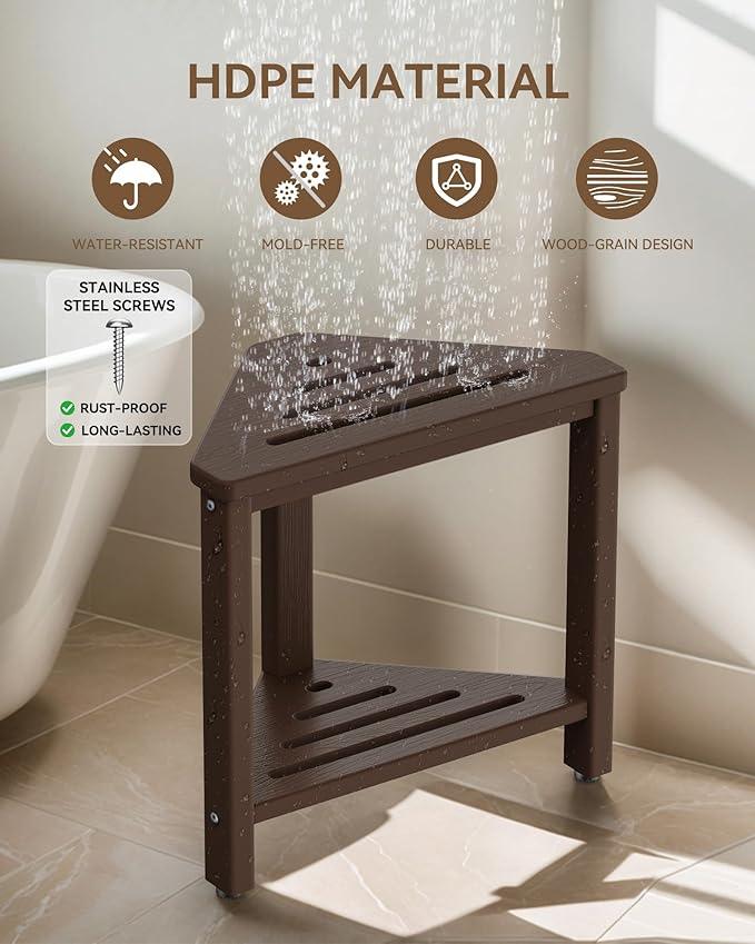 Shower Foot Rest 15in, HDPE Waterproof Shower Stool for Inside Shower, Corner Shower Stool for Shaving Legs with Storage Shelf for Small Space, Shower Step Stool, Plastic Corner Shower Bench, Brown - ModernBath
