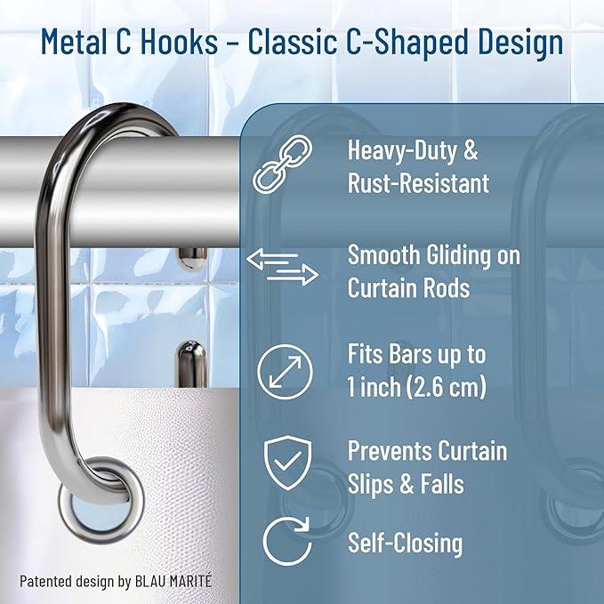 Blau Marité 12 Metal Shower Curtain Hooks, Rust-Proof Decorative C-Shaped Curtain Hooks for Bathroom, Chrome Shower Curtain Rings, Fits Rods Up to 1 Inch (C, Silver) - ModernBath