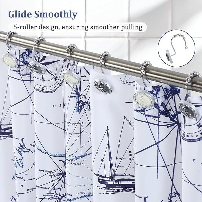 Decorative Nautical Shower Hooks, 12-Pack Black & White Design with 5 Smooth-Glide Rollers, Rust-Proof for Bathroom Bedroom Living Room Decor - ModernBath
